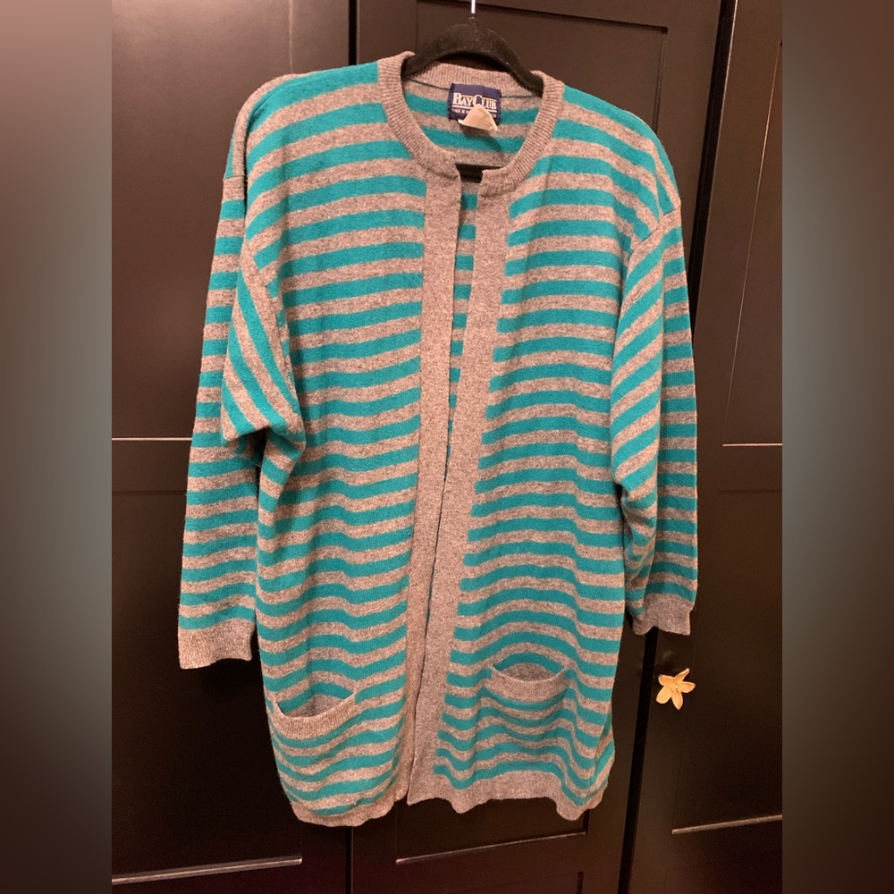 Women's Striped Cardigan wool- Green and Gray, size medium,M, eclectic grandpa